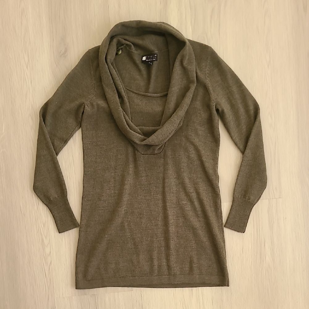 Carole Little Green Cowl Neck Sweater Merino Wool Soft Knot Long Sleeve Small